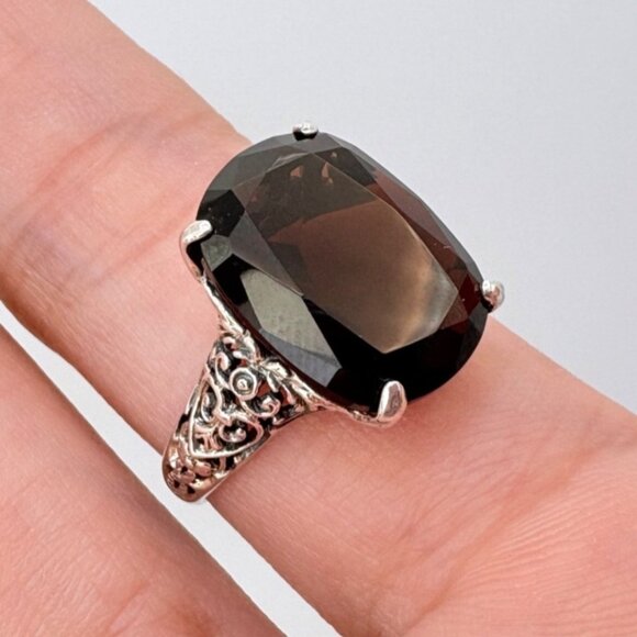 VTG Sterling Silver 925 Smoky Quartz Scroll Shoulders Statement Ring Size 8.75 - Picture 1 of 10